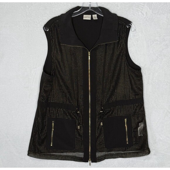 Chico's Zenergy Neema Mesh Foil Front Vest 2 Large 12 Gold Black Full Zip Cinch - Picture 1 of 16